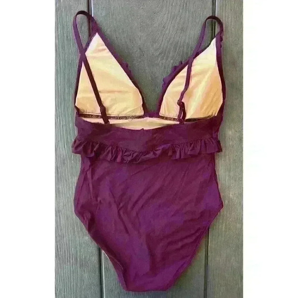 J. Crew Ruffle Deep-V One Piece Size 6 Burgandy Purple Swimsuit - Picture 2 of 9
